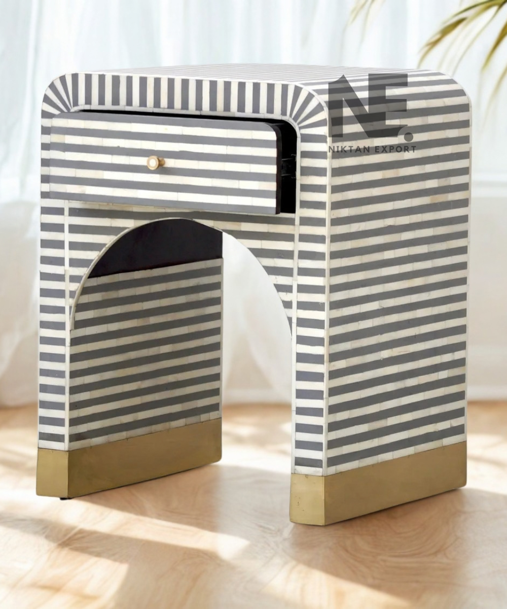 Bone Inlay Bedside Table Striped Design with Gold Accents