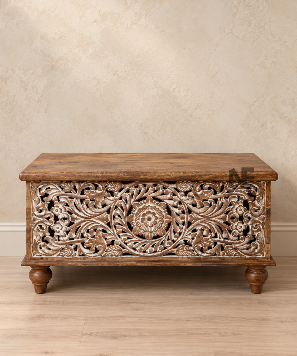 Rustic carved wooden storage trunk with floral front design