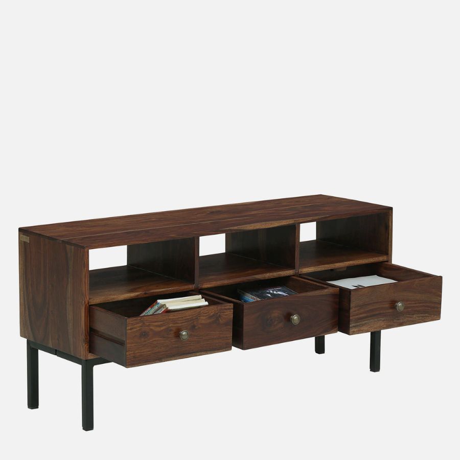 Jhalamand Sheesham Wood TV Console In Rustic Teak Finish For TVs Up To 43"