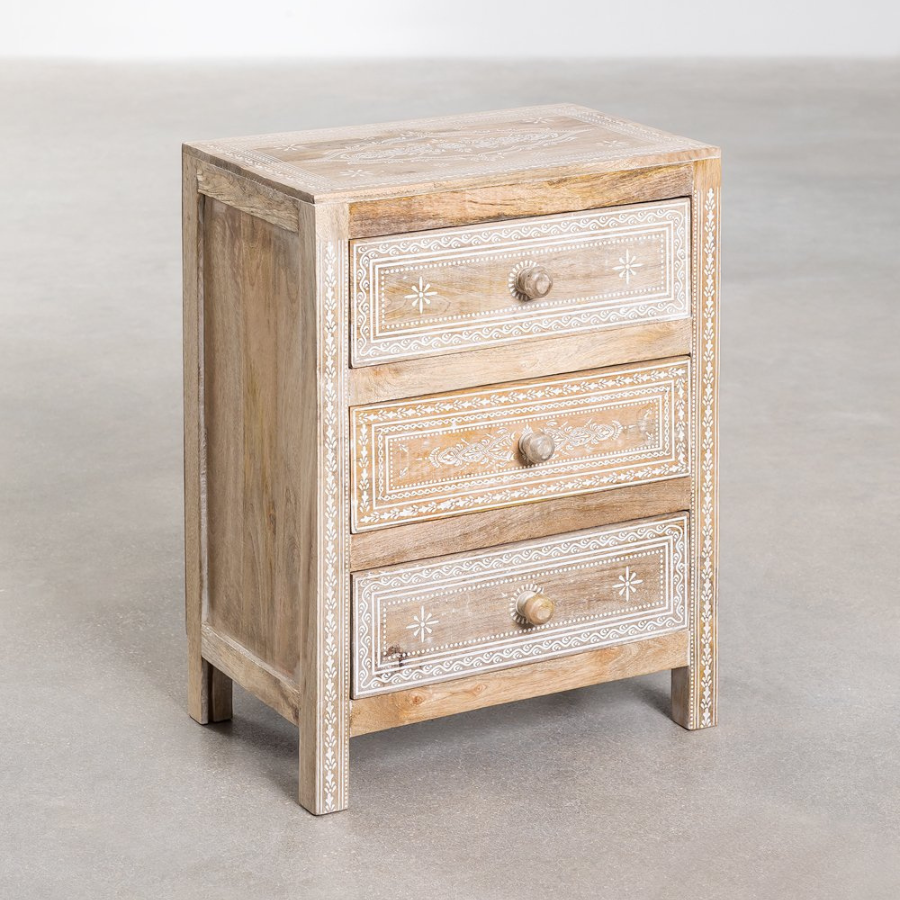 Hand carving Salvi Bedside Table  White Distress - NikTan Export