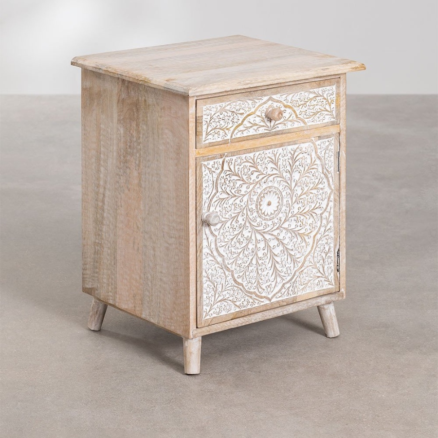 Handcarving Bedside Table Distressed Finished - NikTan Export