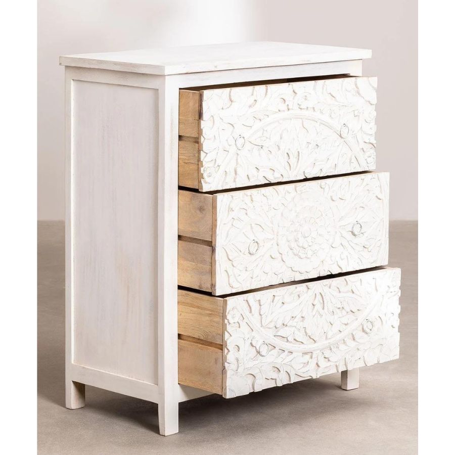 Floral Hand Carved Wood White Chest of Drawers - NikTan Export