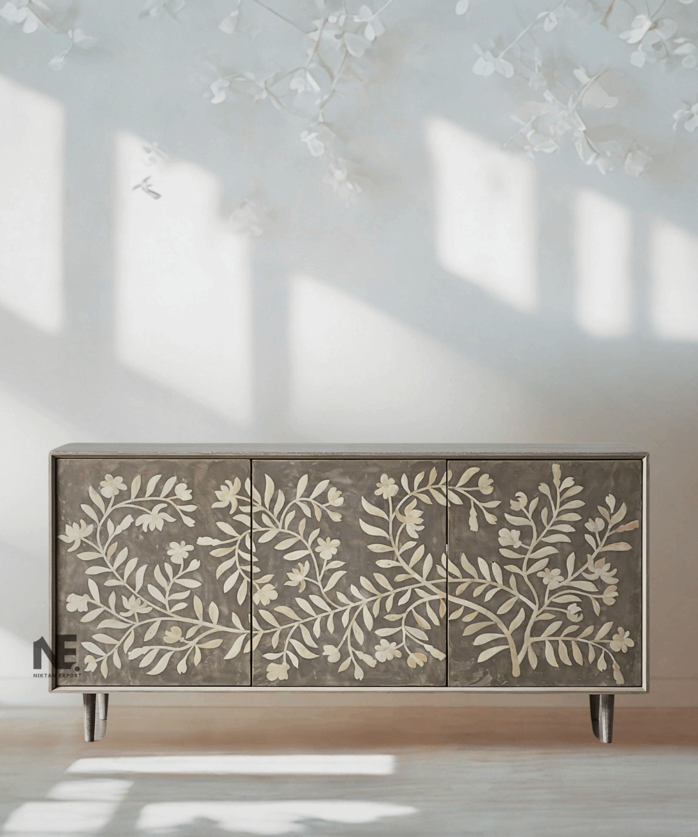 Front view of grey bone inlay media console with floral design