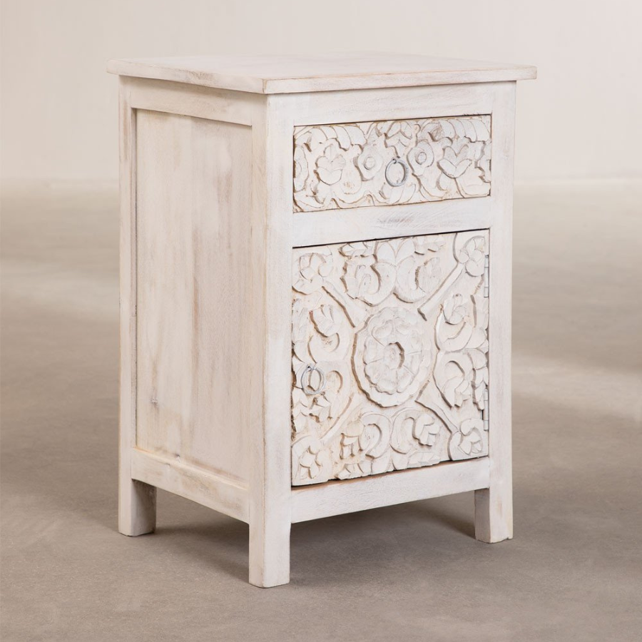 Handcarving Wooden Floral Nightstand White - NikTan Export