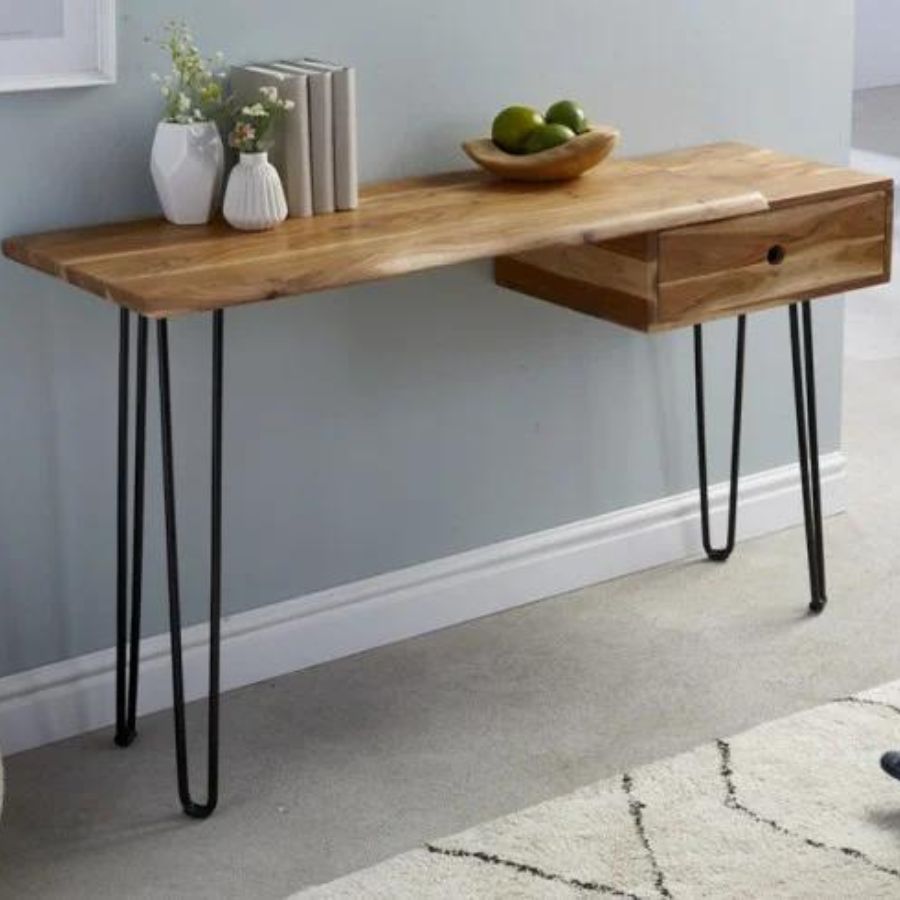 Solid Console Table 120cm Acacia With Drawer Hairpin Legs