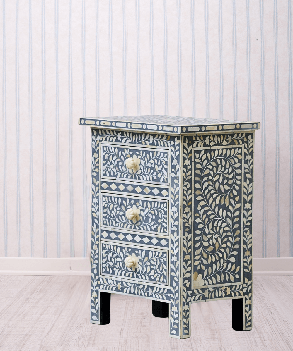 Niktan Export Bone Inlay 3 Drawers Bedside Table Mid Grey Floral - NikTan Export