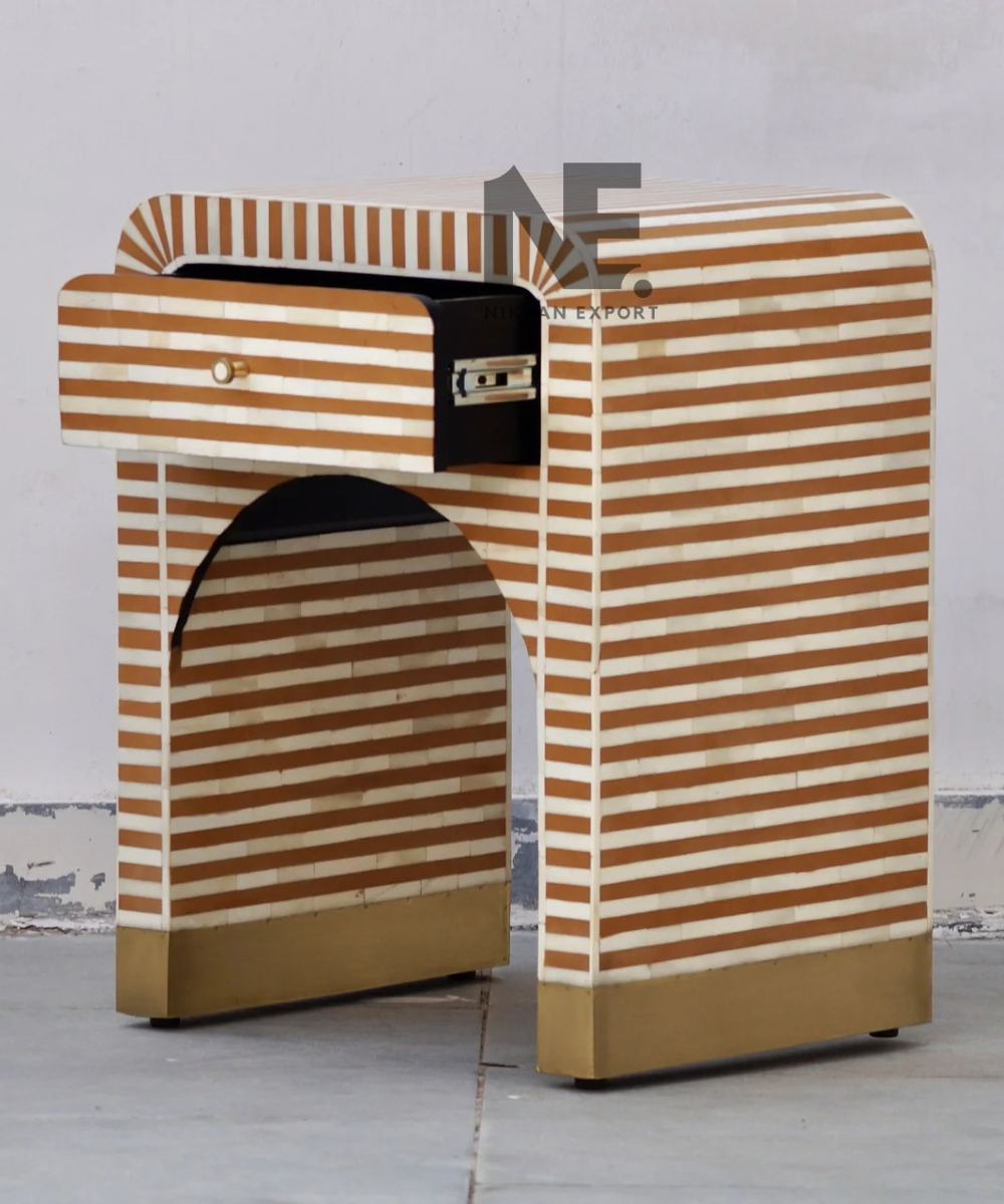 Bone Inlay Bedside Table Striped Design with Gold Accents