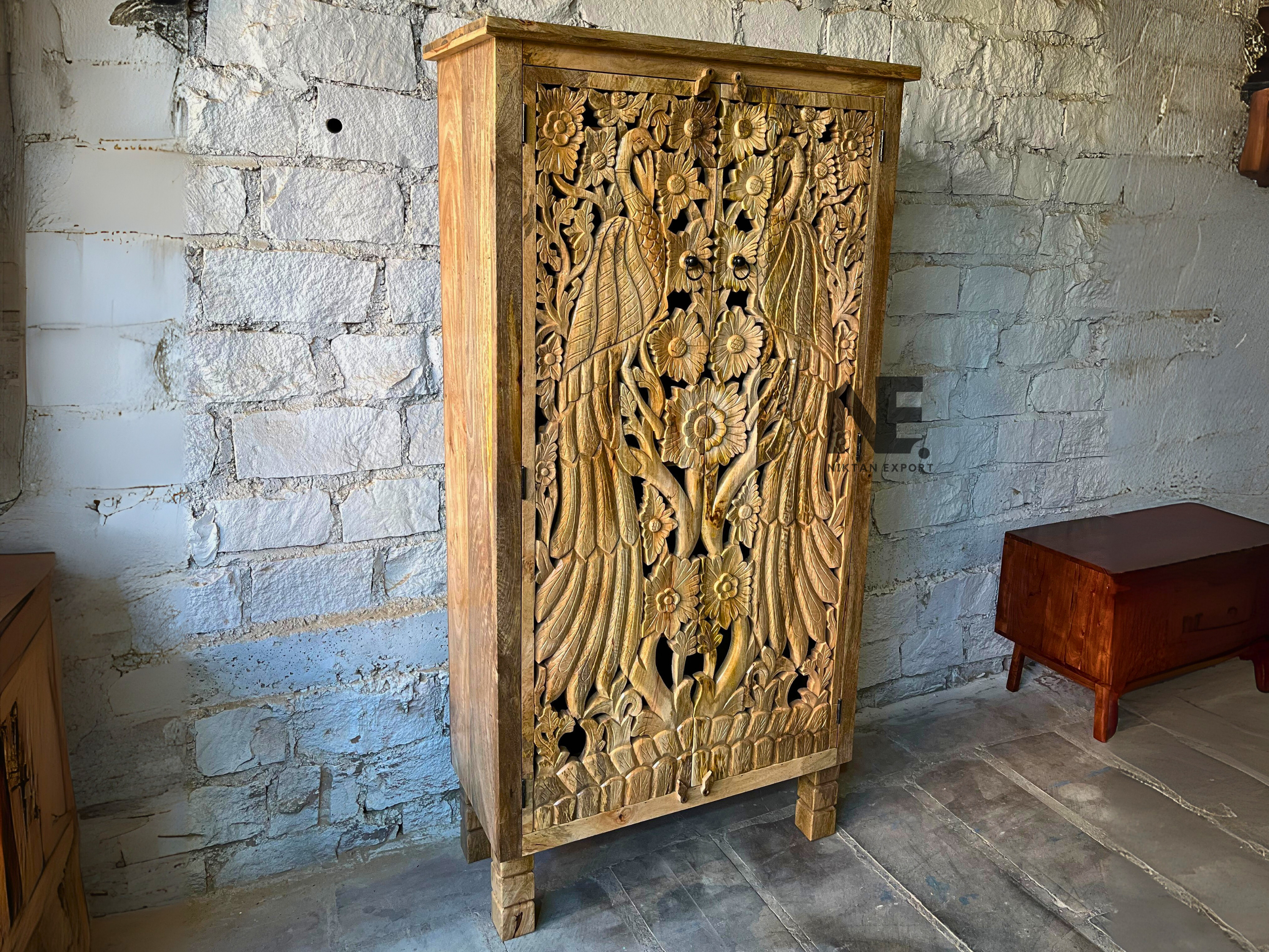 Intricate peacock design wooden wardrobe, handcrafted from solid mango wood