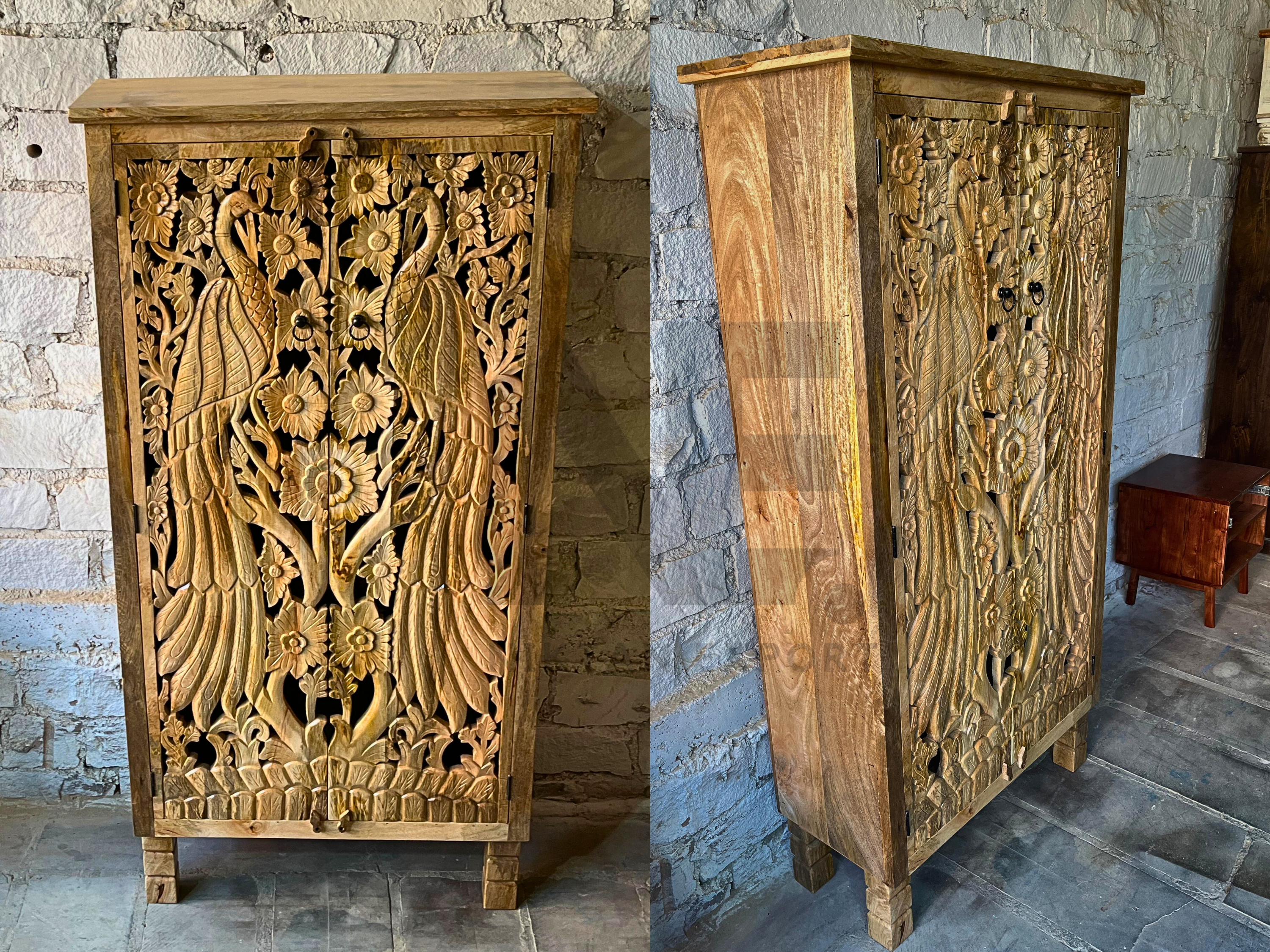 Luxury Indian armoire with hand-carved peacock pattern in solid mango wood