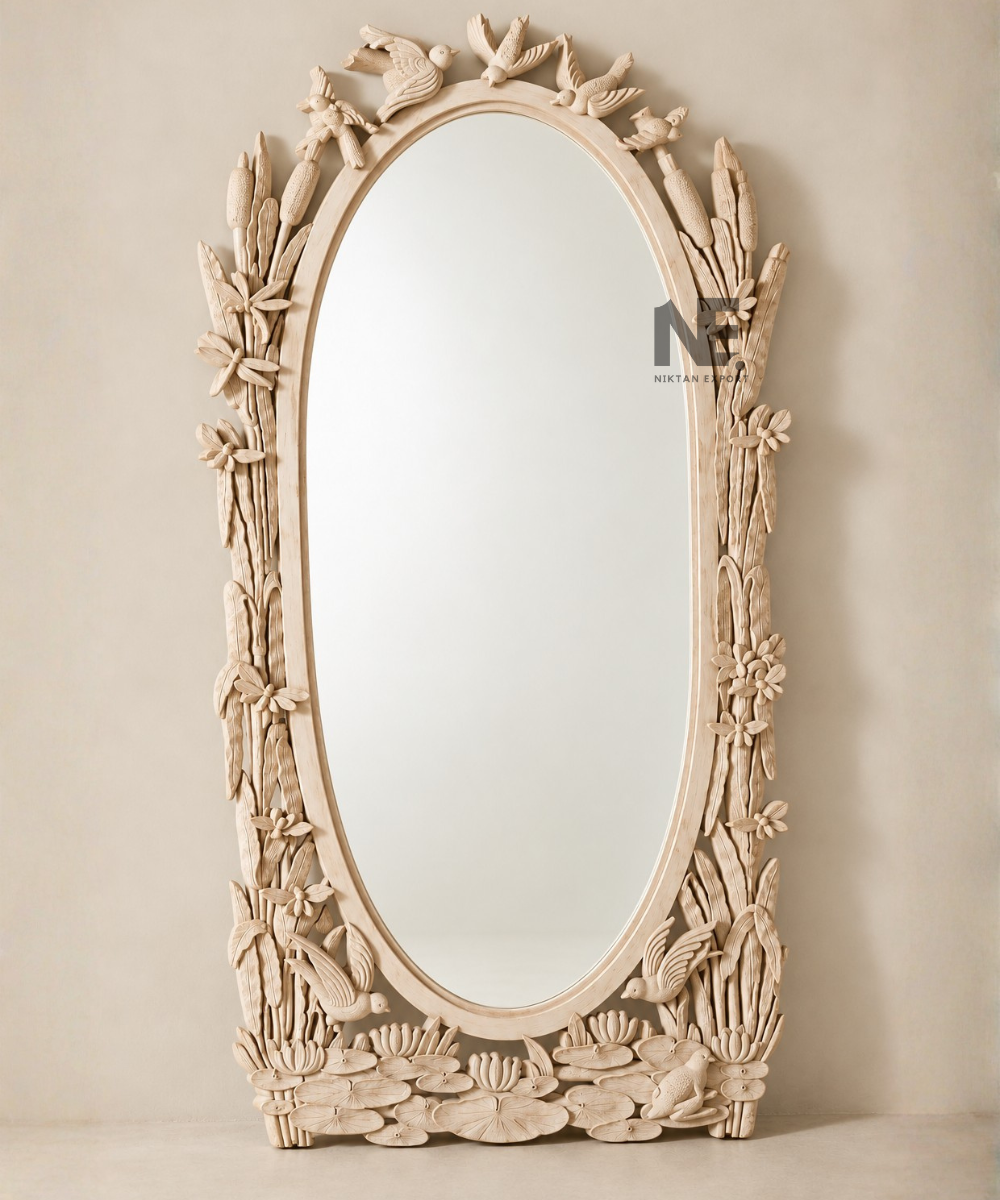 Front view of a nature-inspired wooden wall mirror