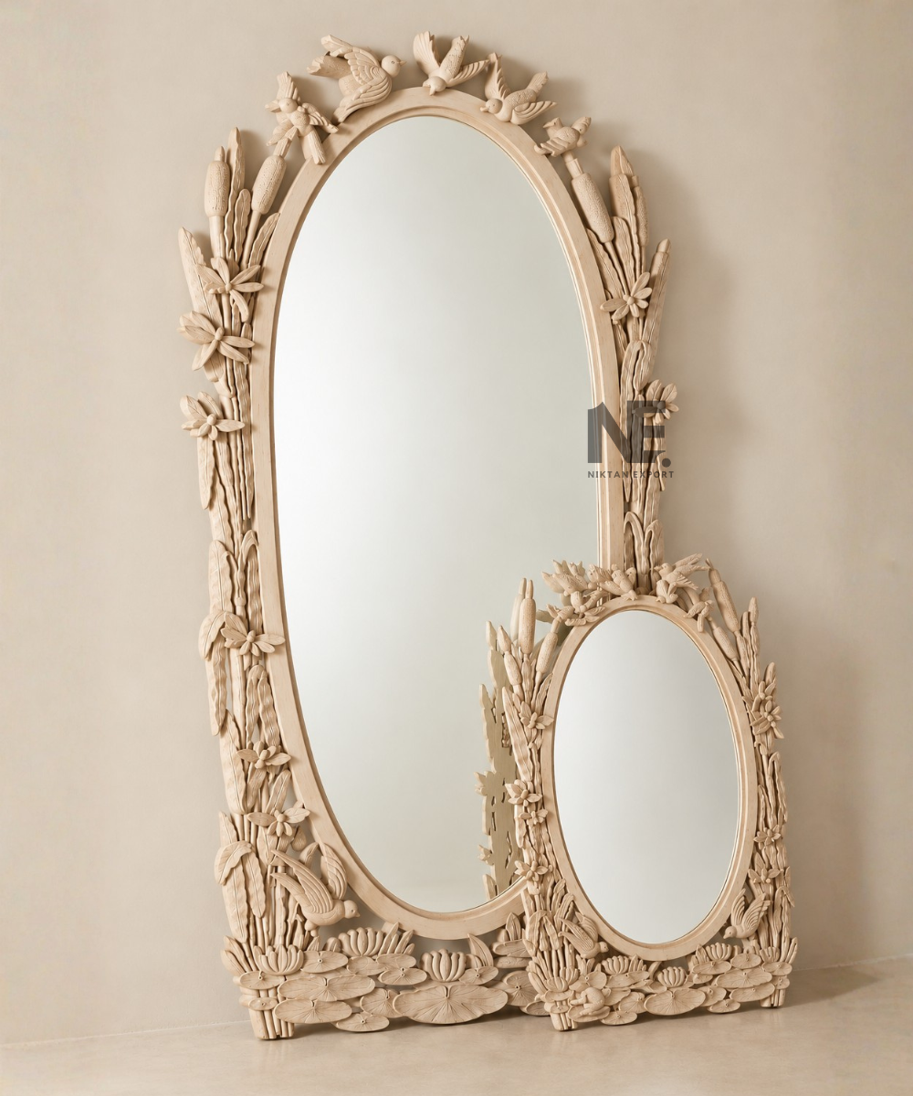 Decorative wooden oval mirror with a light natural finish