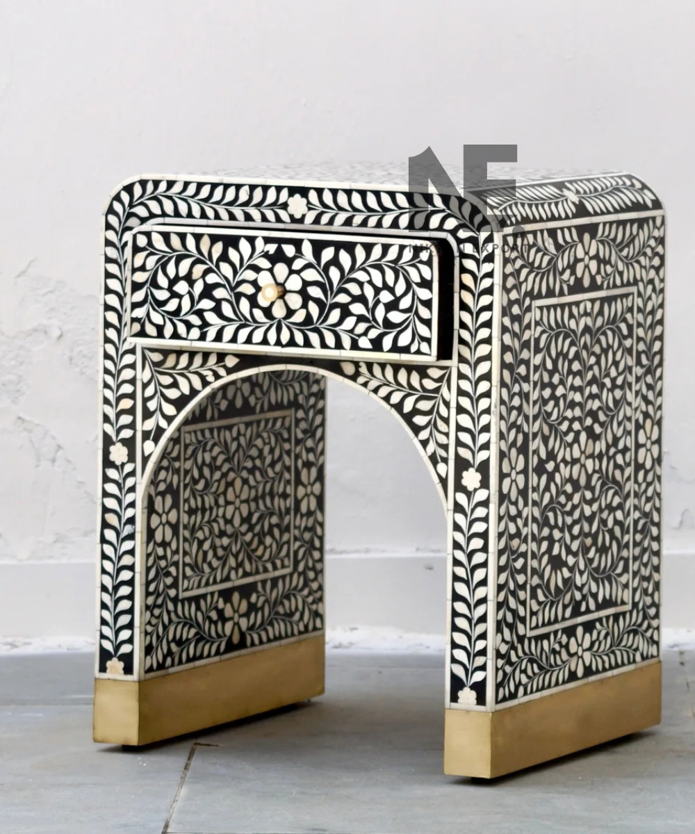 Handcrafted floral bone inlay bedside cabinet