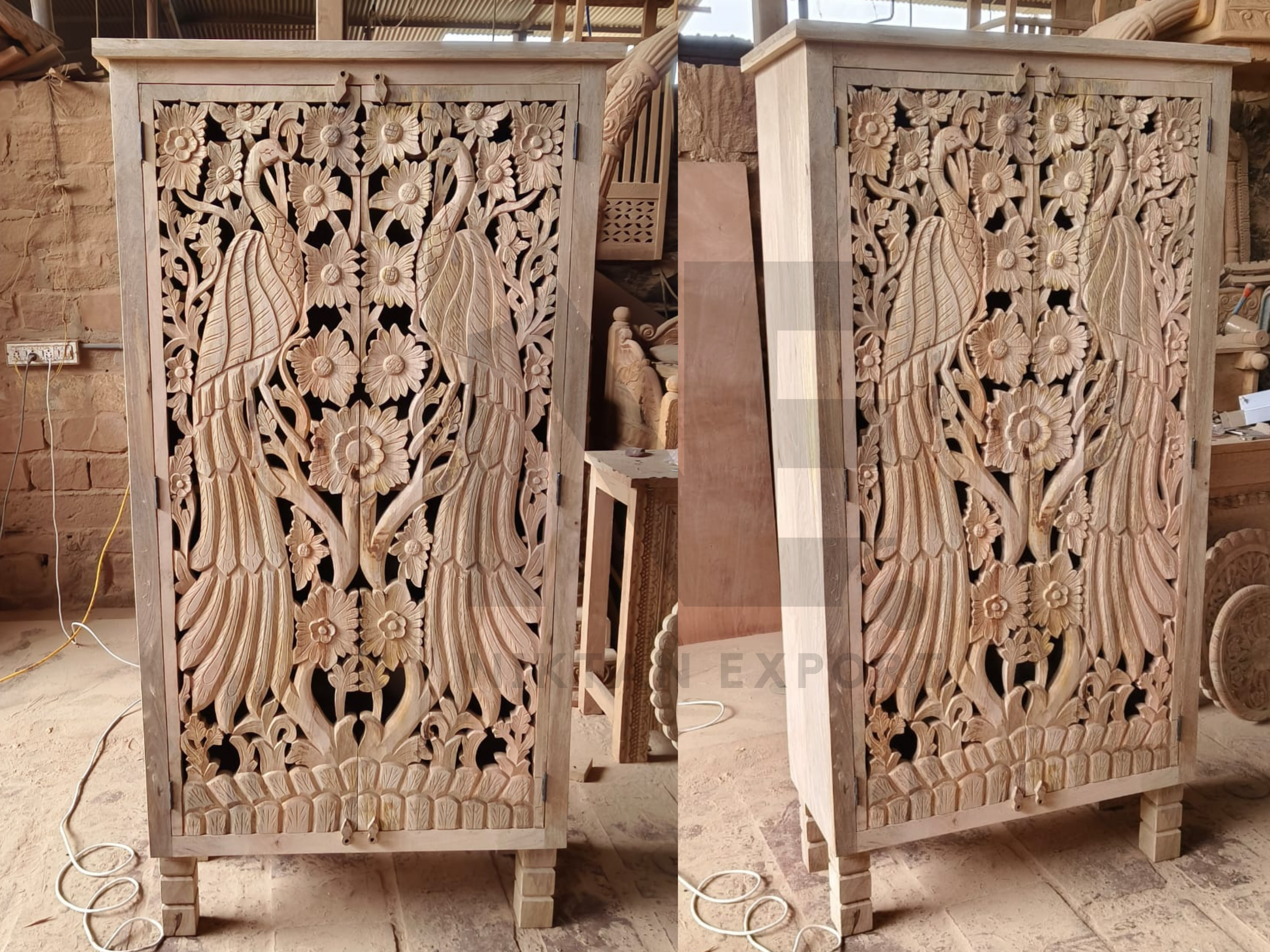 Artisan-crafted peacock design wardrobe, solid mango wood construction