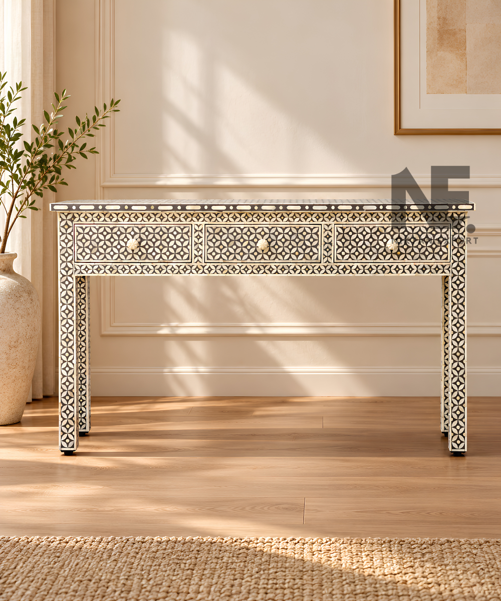 Black and ivory geometric bone inlay console table