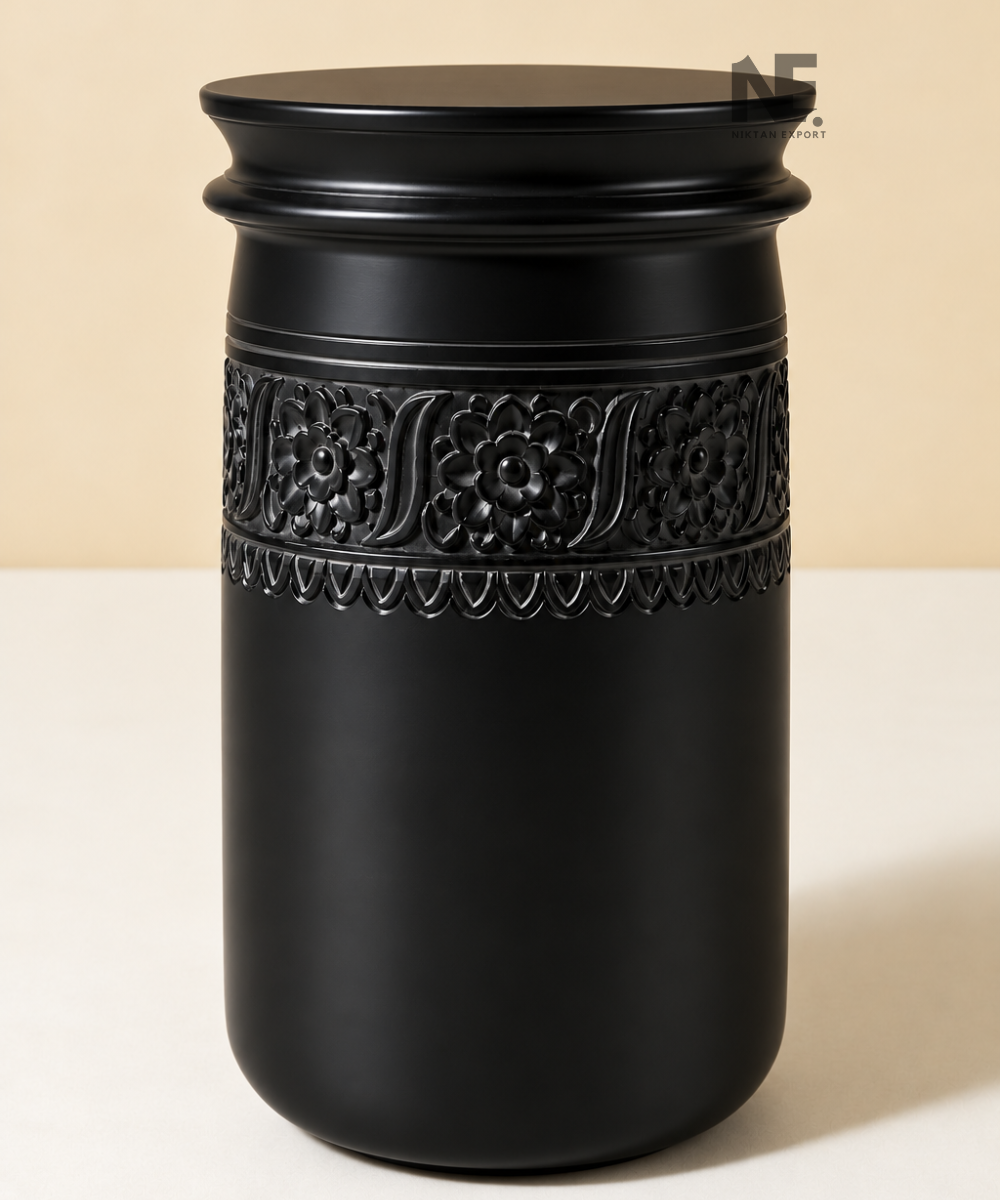 Front view of black floral accent table