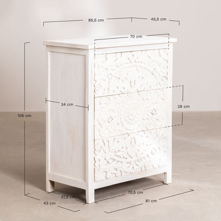 Floral Hand Carved Wood White Chest of Drawers - NikTan Export