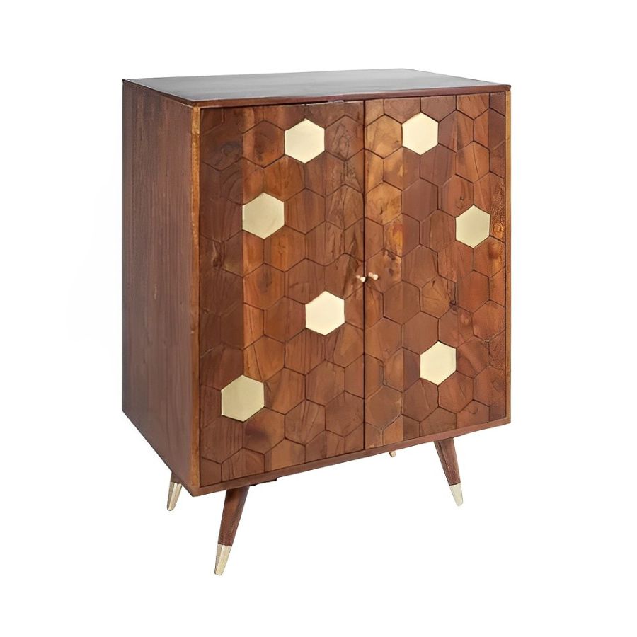 Solid Bar Cabinet MYSTIC LIVING 75cm Acacia Brown Gold Retro Design