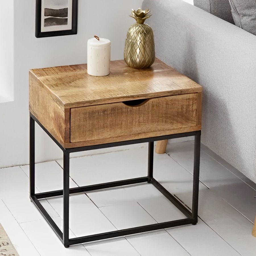 Industrial Bedside Table With Drawer IRON CRAFT 45cm - NikTan Export