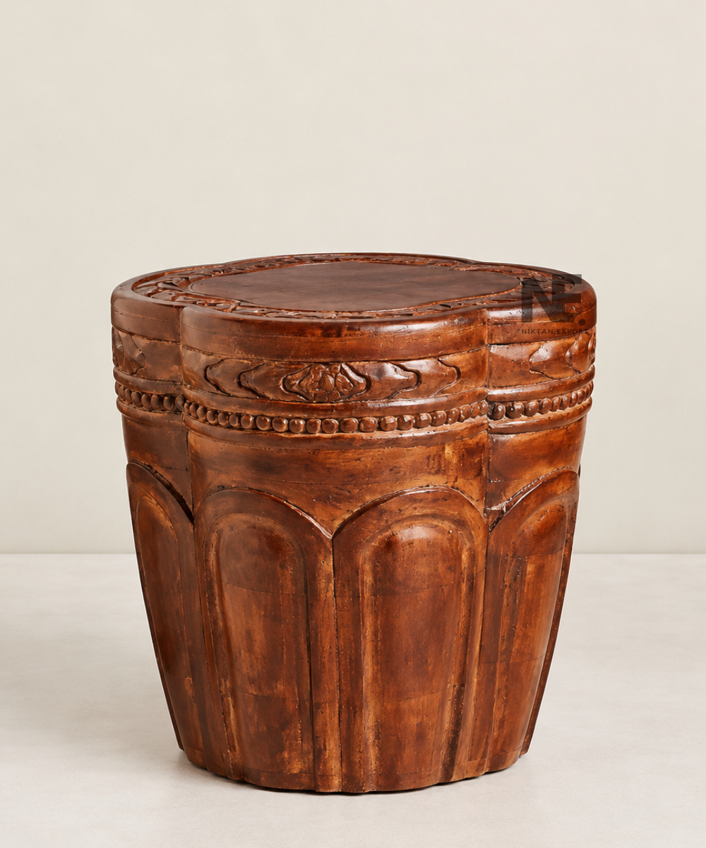 Rustic hand-carved wooden side table in antique-brown finish