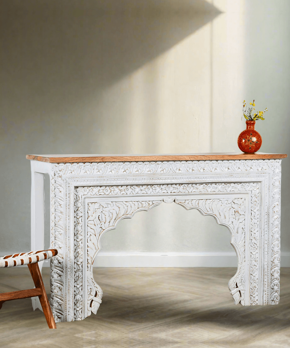 Niktan Export Handcrafted Wooden Console Table with Distressed White Finish - NikTan Export