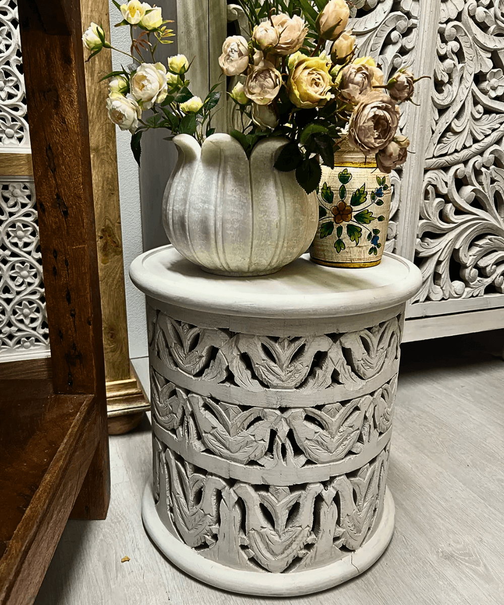 Niktan Export Round Carved Side Table, End Table Distress Whitewash - NikTan Export