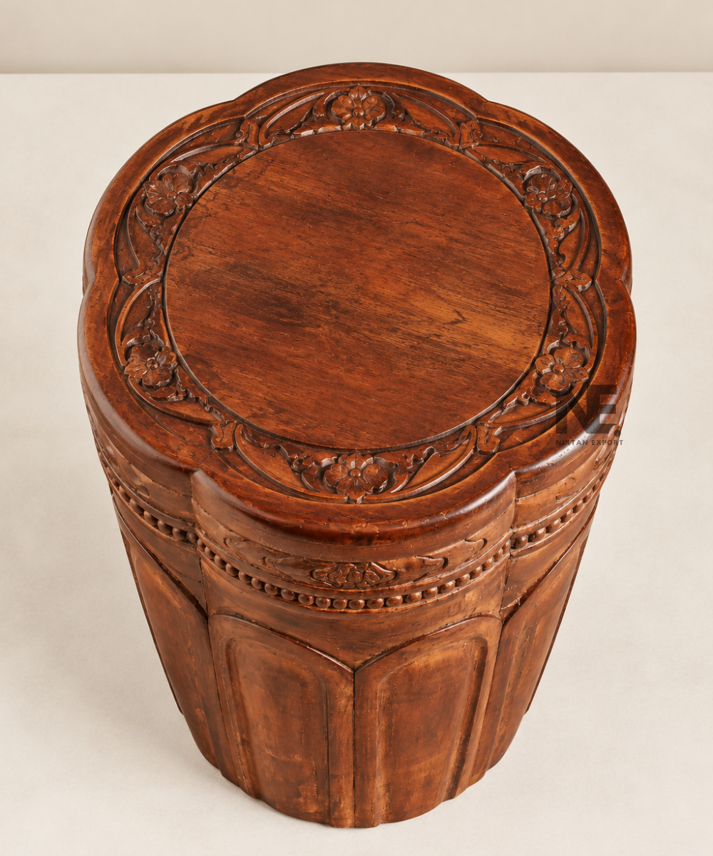 Drum-shaped wooden accent table with rustic finish