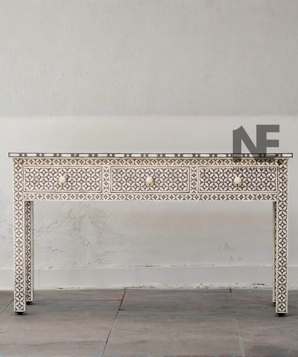 2. Grey and ivory geometric bone inlay console table

 