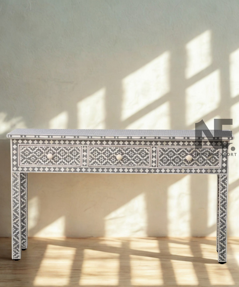1. Grey bone inlay console table with three drawers

 Copy