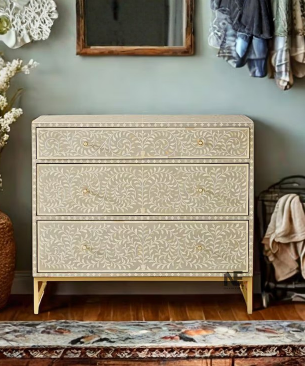 Handmade bone inlay scroll vine dresser