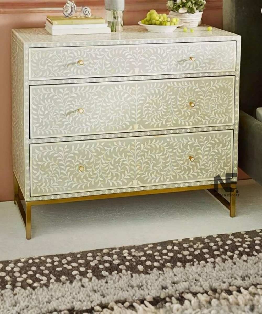 Bone inlay three drawer dresser
