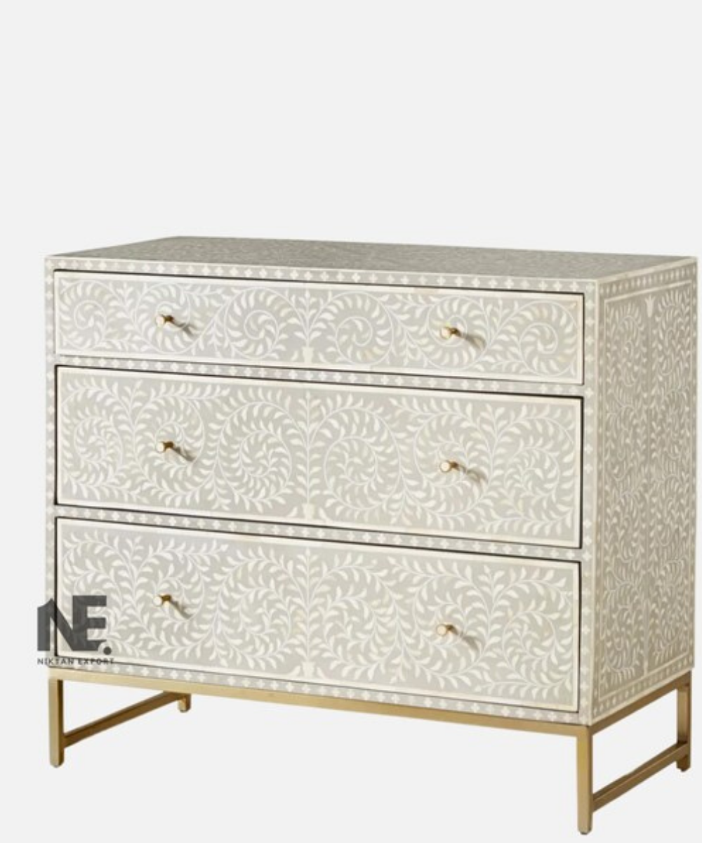 Scroll vine bone inlay chest of drawers