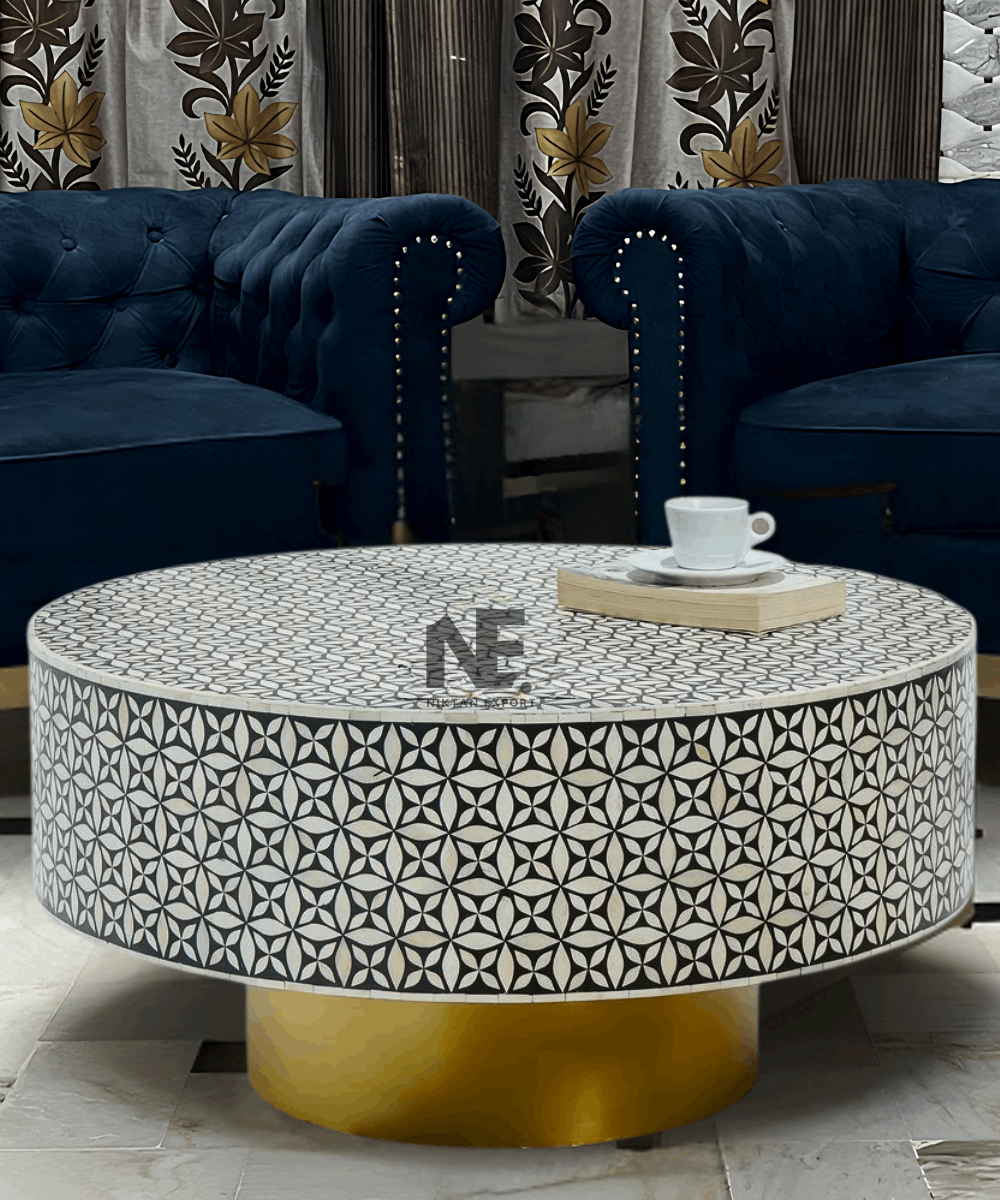 Bone Inlay Round Coffee Table – Handmade Solid Wood | Niktan