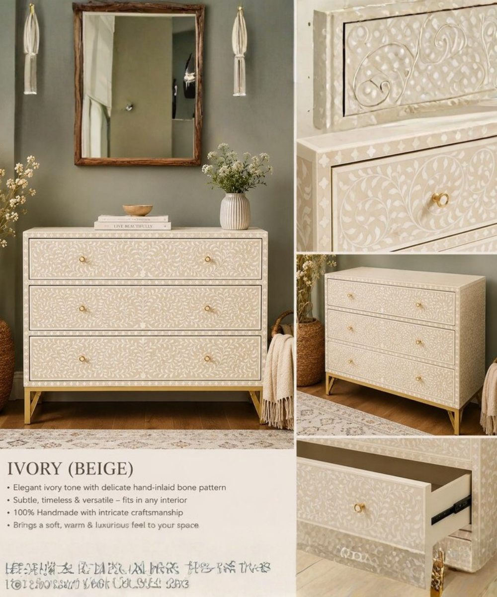 Scroll vine floral bone inlay dresser
