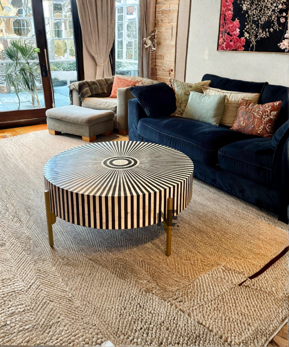 Radial Stripe Bone Inlay Round Coffee Table  Handmade Geometric Furniture