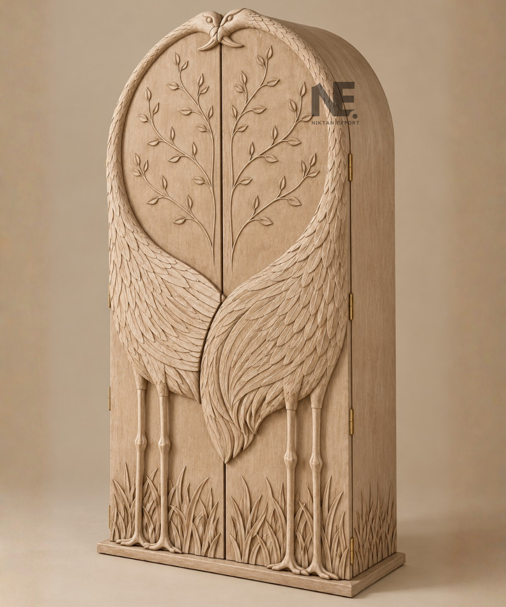 Front view of arched wooden wardrobe with bird carvings
