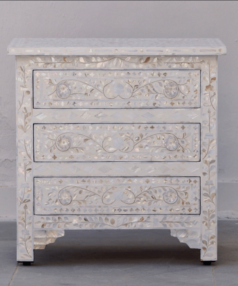 Niktan Export Elegant Mother of Pearl Bedside Table with Floral Accents - NikTan Export