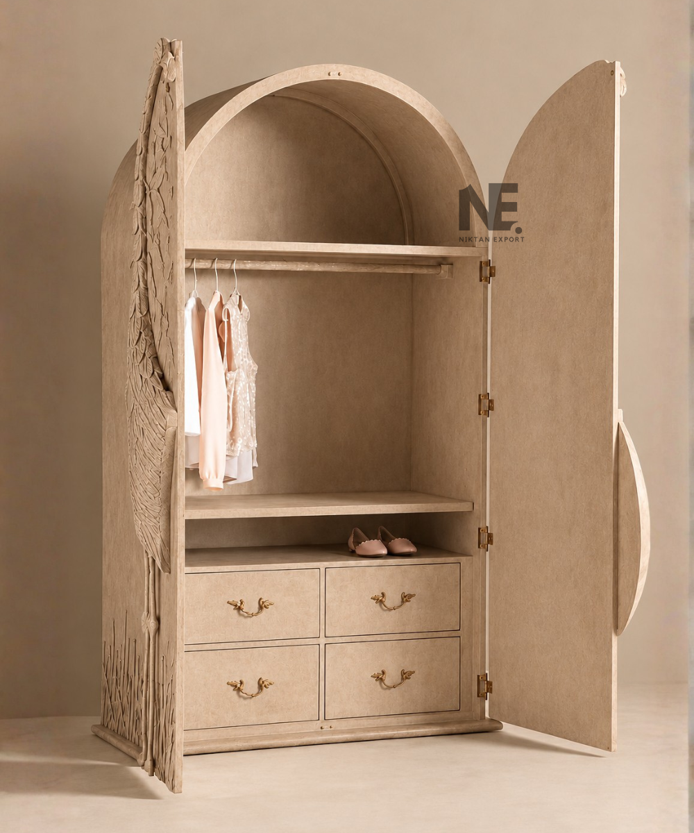 Natural beige wooden wardrobe with nature-inspired carving
