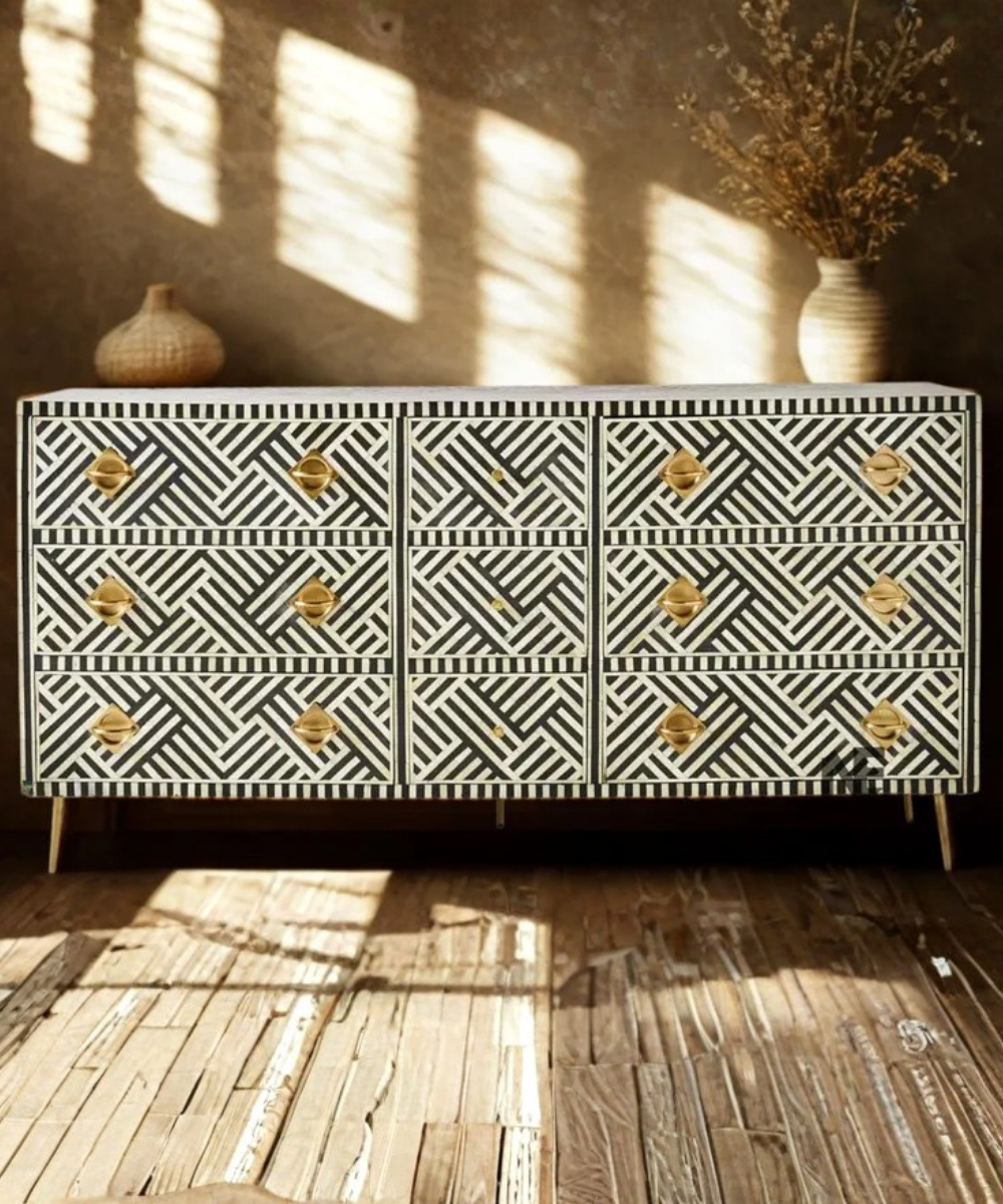 Black and white bone inlay 9 drawer dresser