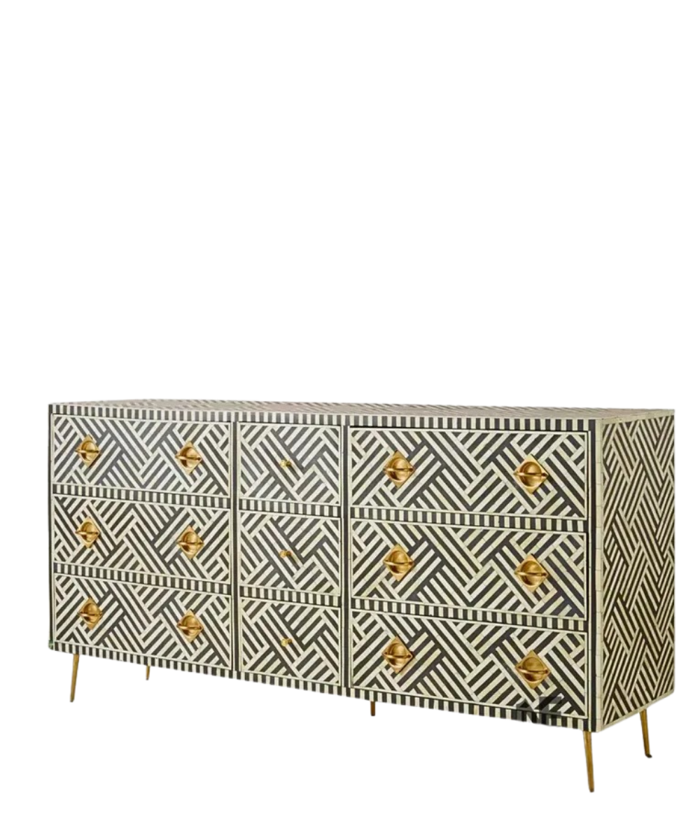 Bone inlay chevron chest of drawers