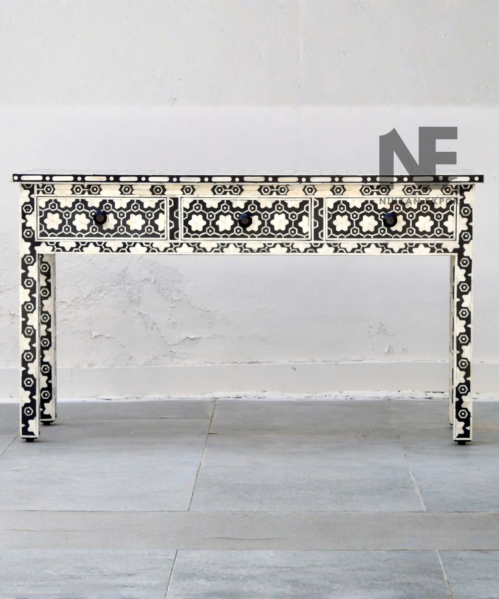 Geometric bone inlay console table front view