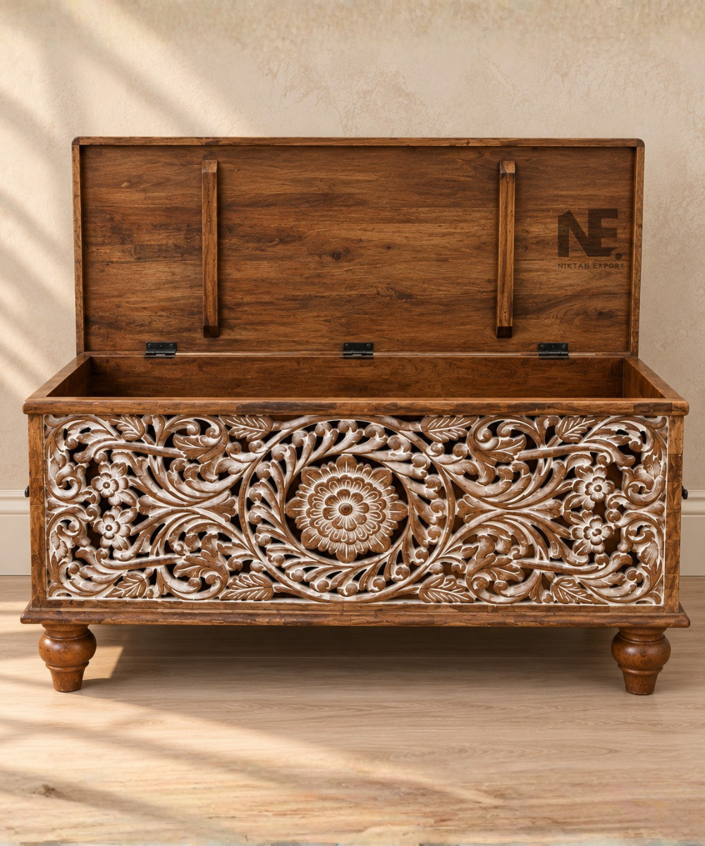 Floral carved wooden trunk with rustic brown finish
