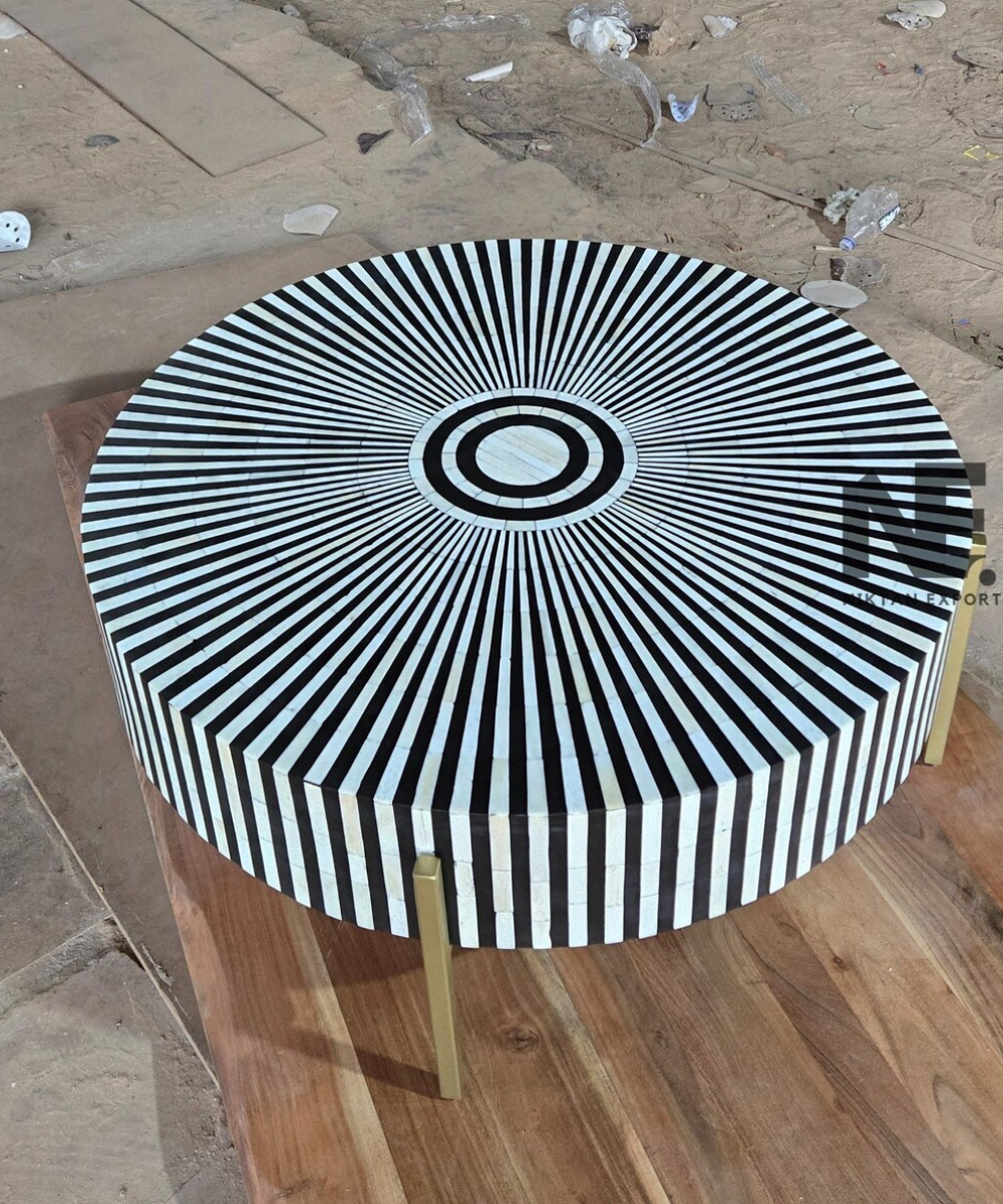 Radial Stripe Bone Inlay Round Coffee Table  Handmade Geometric Furniture