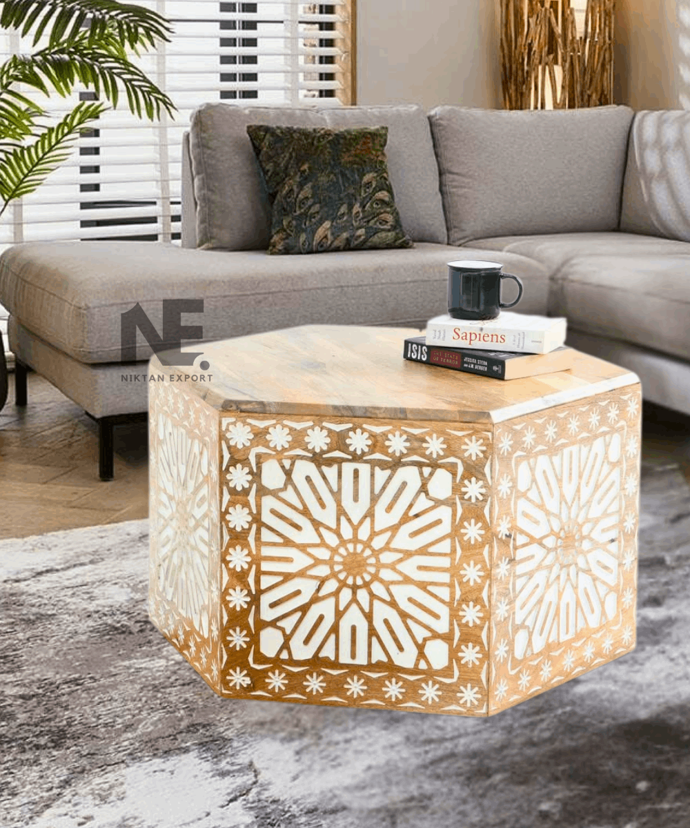 Front view of wooden hexagonal coffee table with intricate carving