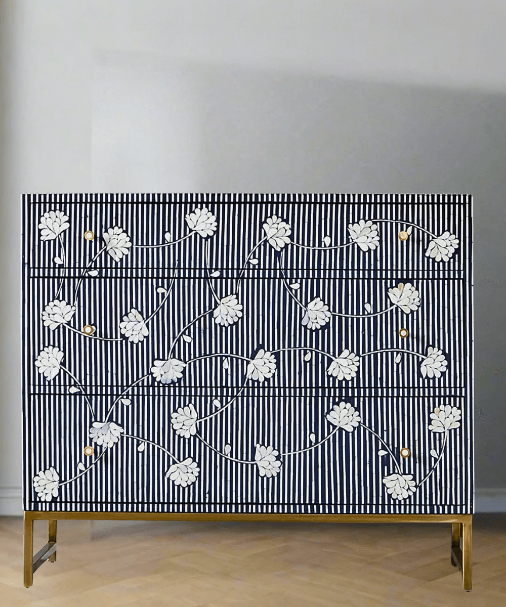 Niktan Export Bone Inlay Chest of Drawers Floral Blossom Design Indigo Finish - NikTan Export
Front view of Indigo Blossom Bone Inlay Chest with floral design