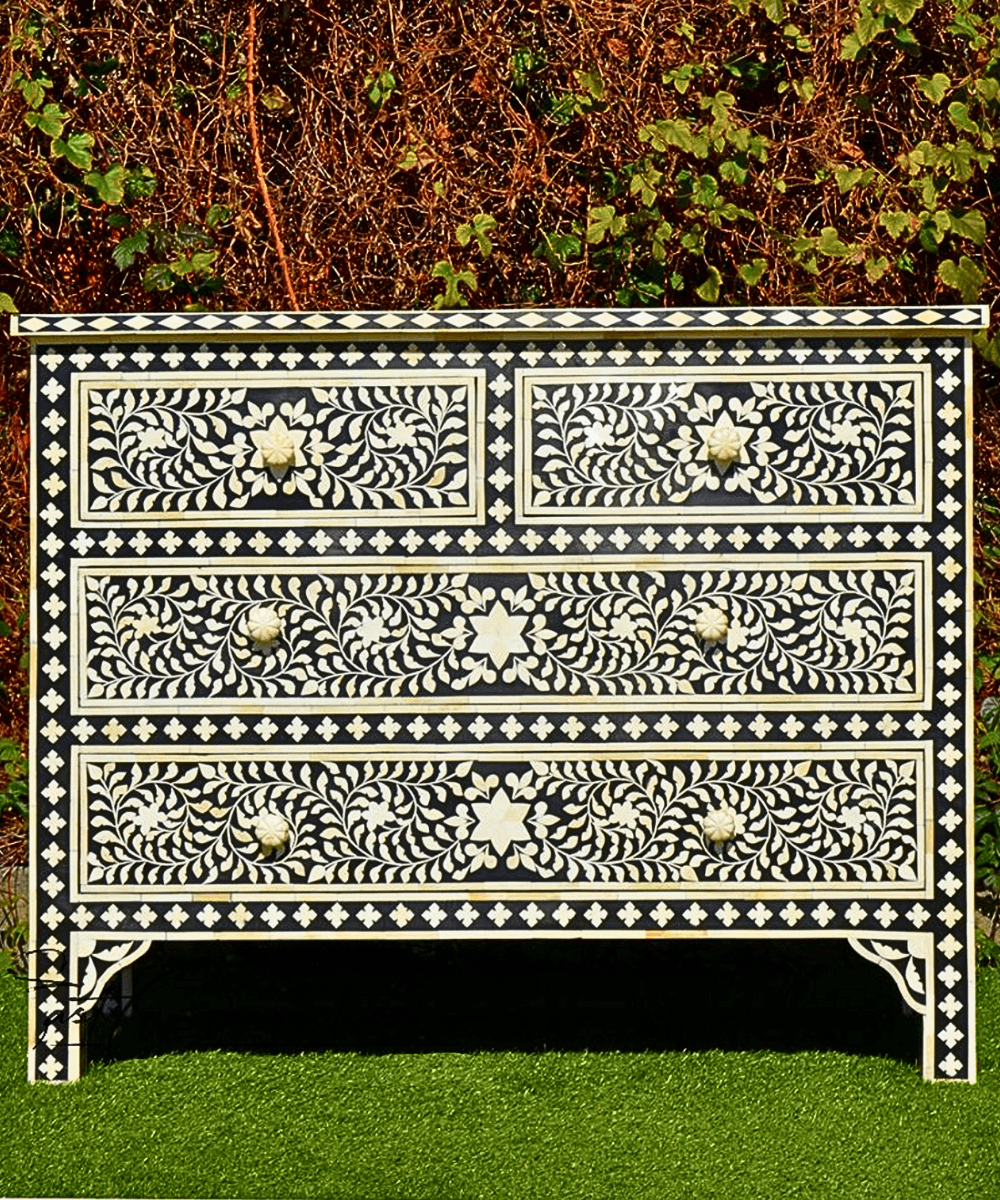 Niktan Export Black Genuine Bone Inlay Chest of Drawers Sideboard - NikTan Export