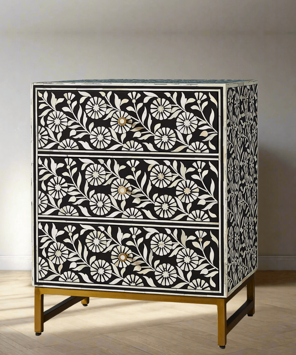 Close-up of detailed sunflower bone inlay pattern