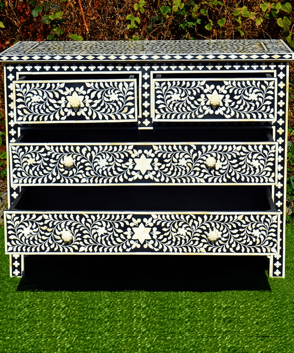 Niktan Export Black Genuine Bone Inlay Chest of Drawers Sideboard - NikTan Export