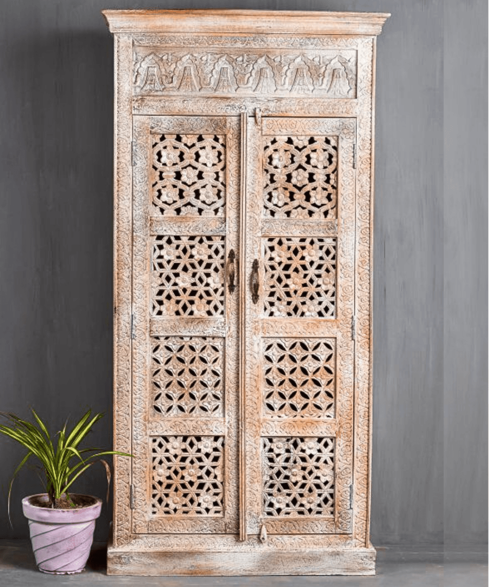 Niktan Export Solid Wood Exquisite Antique Wardrobe Almirah with Intricate Carvings - NikTan Export