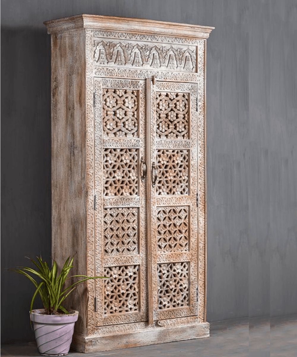 Niktan Export Solid Wood Exquisite Antique Wardrobe Almirah with Intricate Carvings - NikTan Export