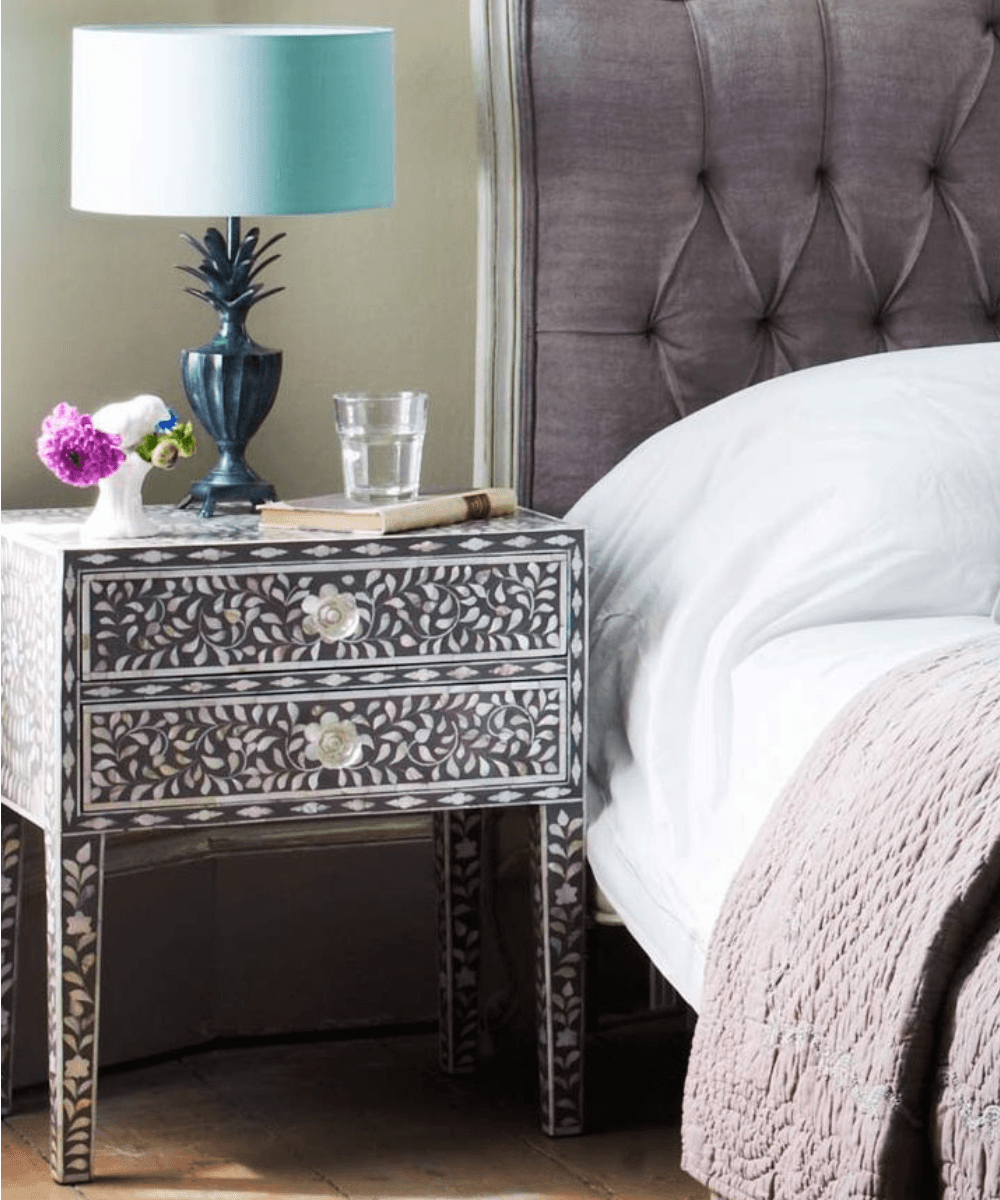 Niktan Export Mother of Pearl Elegant Grey Bedside Table Accents - NikTan Export
Grey Mother of Pearl Bedside Table with Intricate Detailing
